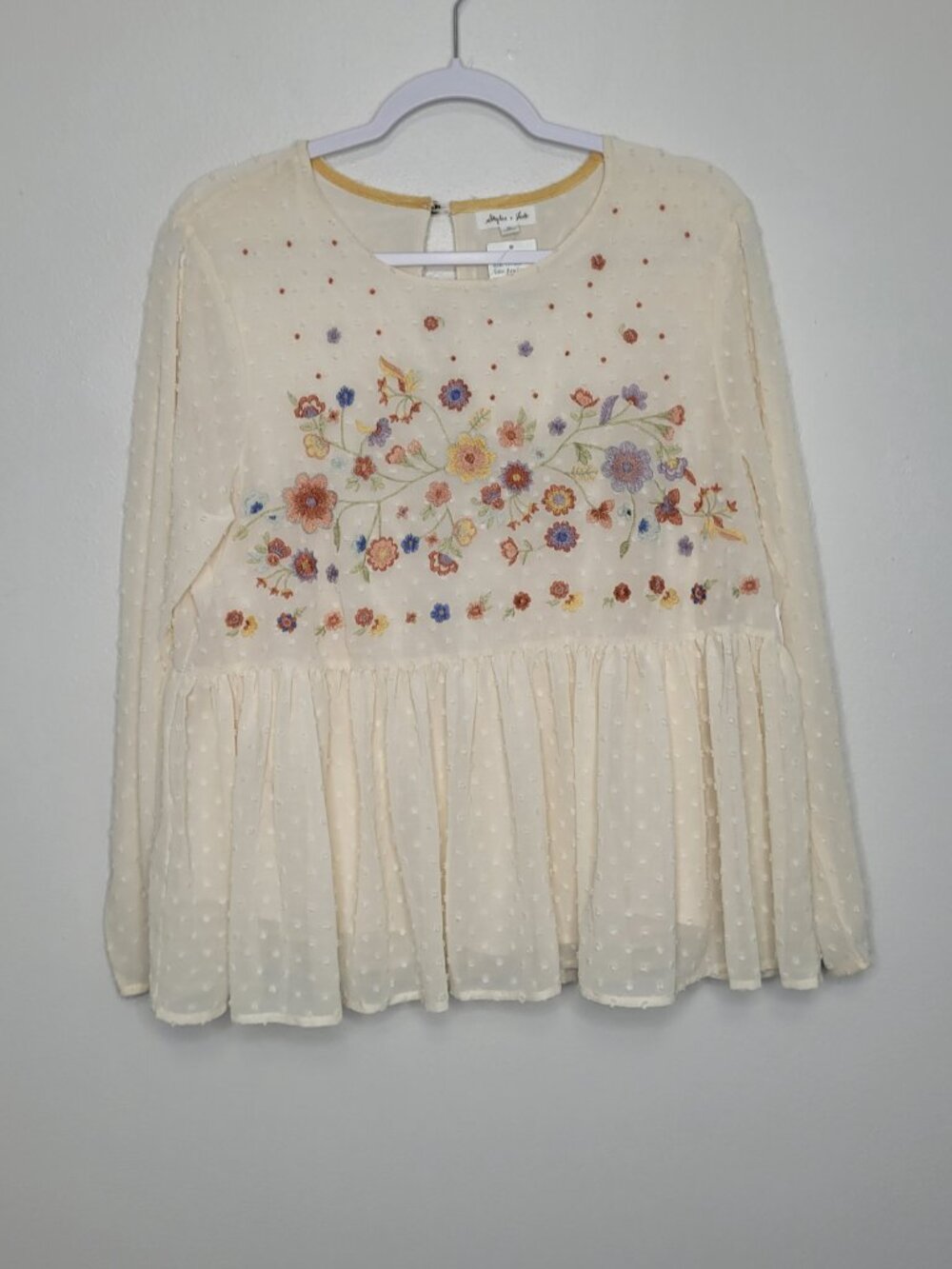 SKYLAR + JADE  Boho Swiss Dot Embroidered Tie Back cream cute longsleeve top XL